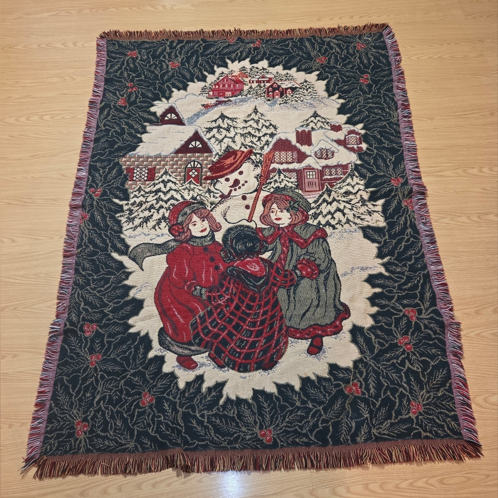 Vintage Goodwin Weavers Victorian Snowman W Children Playing Throw